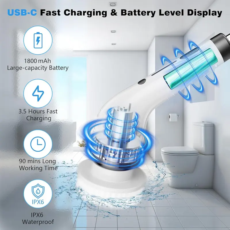 Cordless Electric Spin Scrubber, IPX7 Waterproof Cleaning Brush with 4 Replaceable Heads & 3 Adjustable Extension Handles