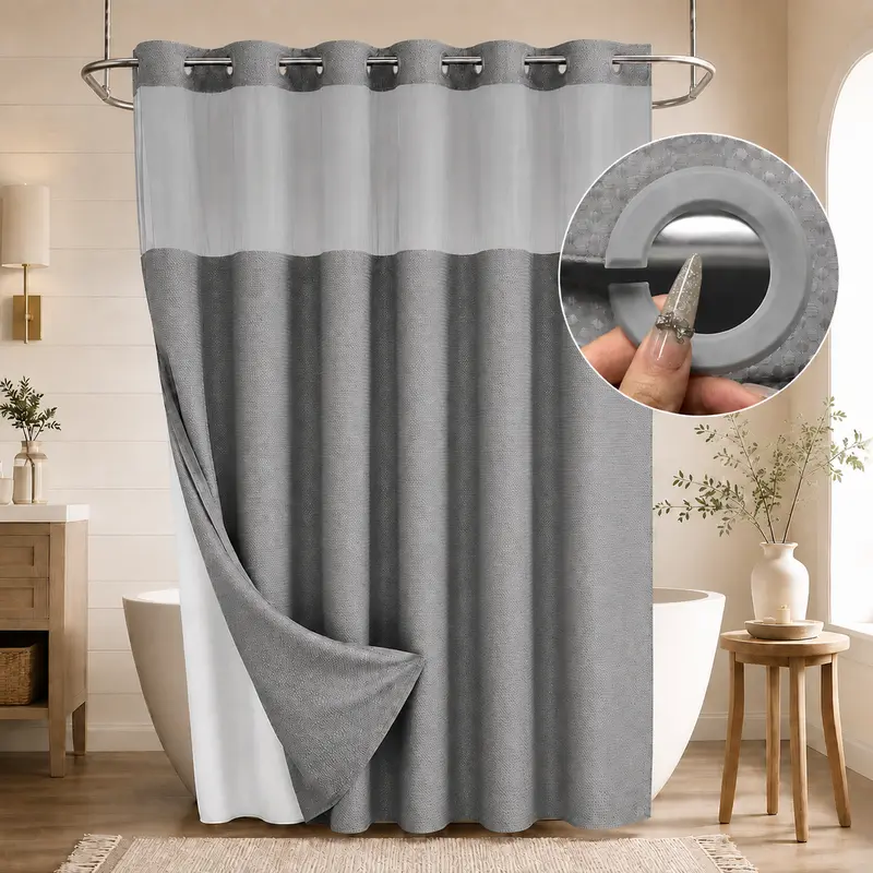 Double-Layer Waffle Shower Curtain with Waterproof Snap-In Liner, Washable White Outer Curtain, 72" x 75"