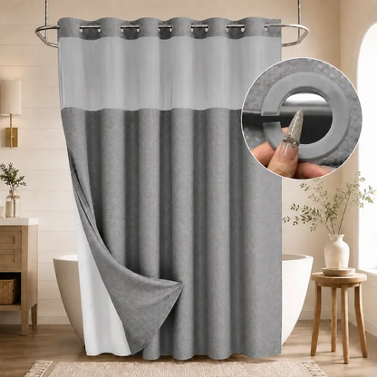 Double-Layer Waffle Shower Curtain with Waterproof Snap-In Liner, Washable White Outer Curtain, 72" x 75"