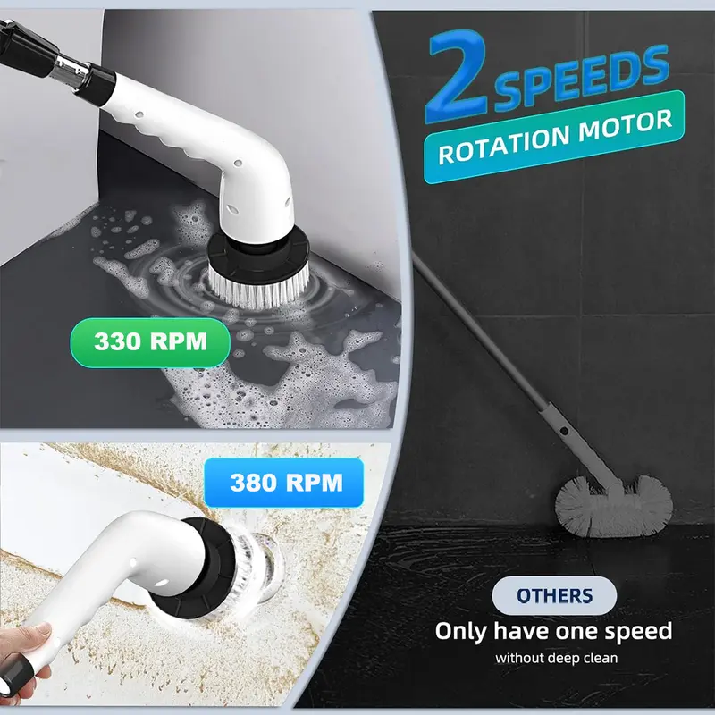 Cordless Electric Spin Scrubber, IPX7 Waterproof Cleaning Brush with 4 Replaceable Heads & 3 Adjustable Extension Handles