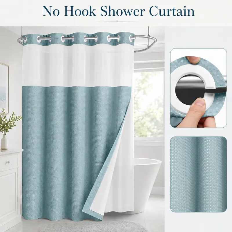 Double-Layer Waffle Shower Curtain with Waterproof Snap-In Liner, Washable White Outer Curtain, 72" x 75"