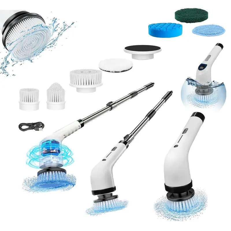 Cordless Electric Spin Scrubber, IPX7 Waterproof Cleaning Brush with 4 Replaceable Heads & 3 Adjustable Extension Handles