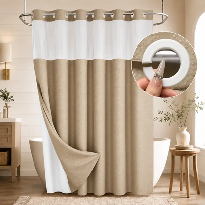 Double-Layer Waffle Shower Curtain with Waterproof Snap-In Liner, Washable White Outer Curtain, 72" x 75"