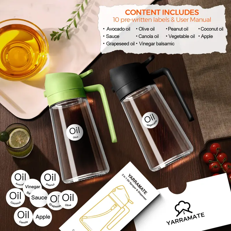 16oz 2-in-1 Glass Olive Oil Sprayer, Refillable Cooking Oil Dispenser for Kitchen & Grilling