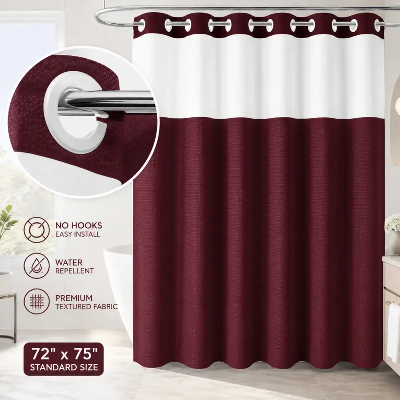 Double-Layer Waffle Shower Curtain with Waterproof Snap-In Liner, Washable White Outer Curtain, 72" x 75"
