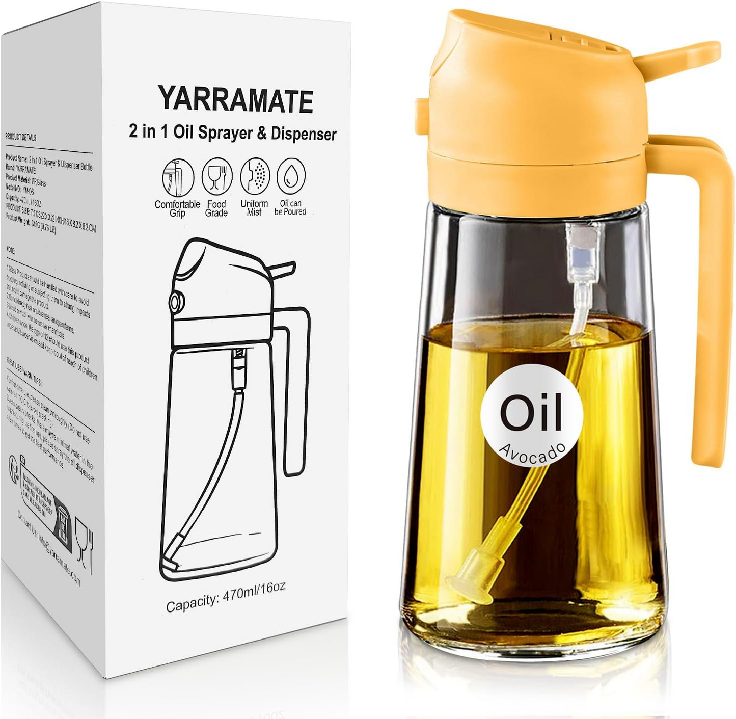 16oz 2-in-1 Glass Olive Oil Sprayer, Refillable Cooking Oil Dispenser for Kitchen & Grilling