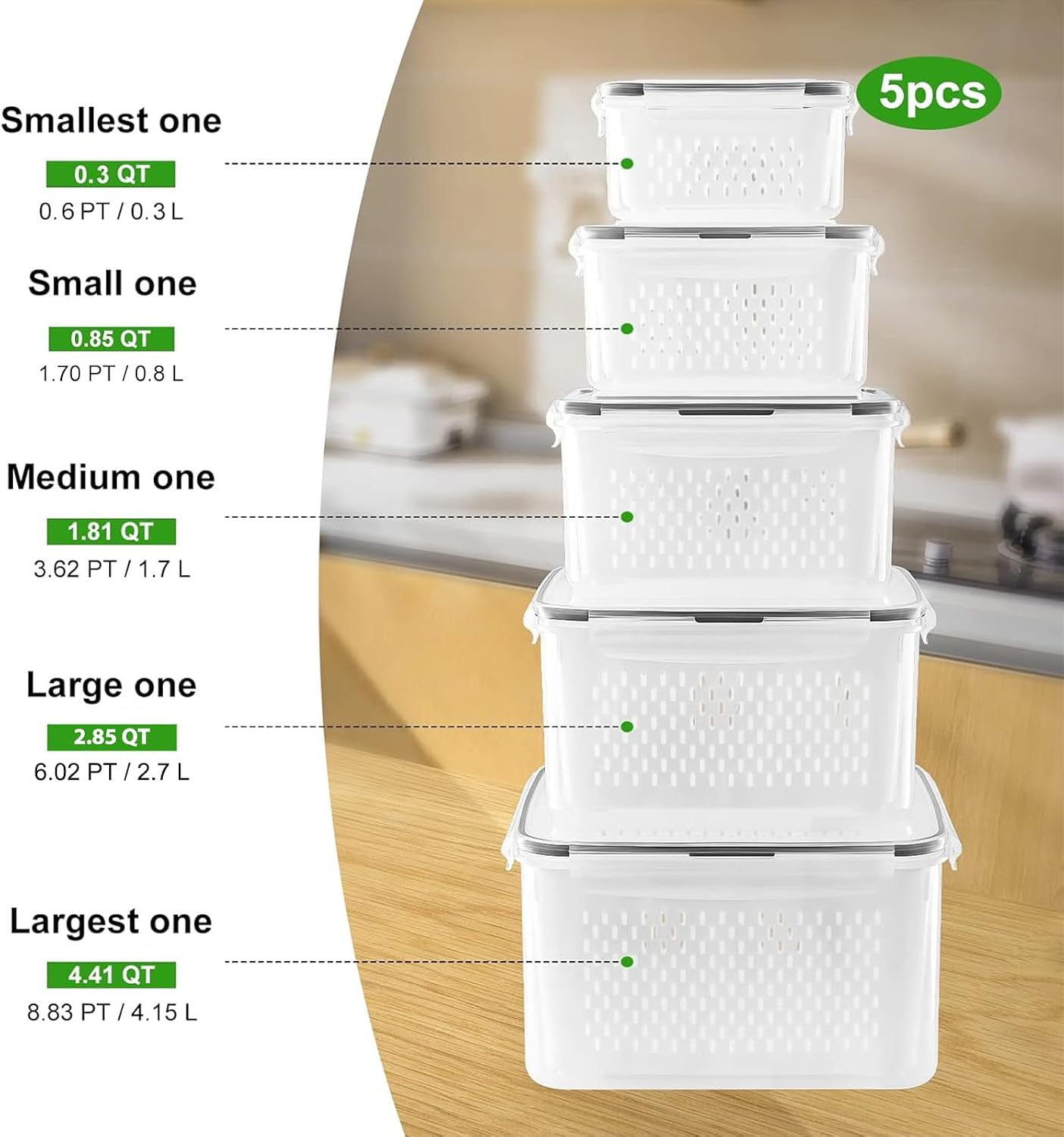 5-Piece Large Fruit Storage Containers for Refrigerator, Food Storage Organizer Set