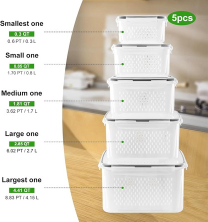 5-Piece Large Fruit Storage Containers for Refrigerator, Food Storage Organizer Set