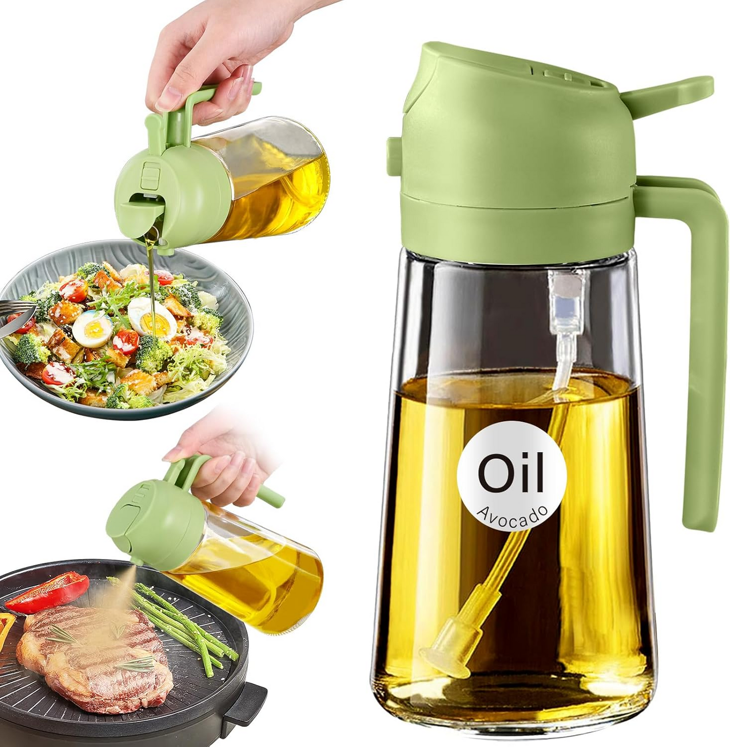 16oz 2-in-1 Glass Olive Oil Sprayer, Refillable Cooking Oil Dispenser for Kitchen & Grilling