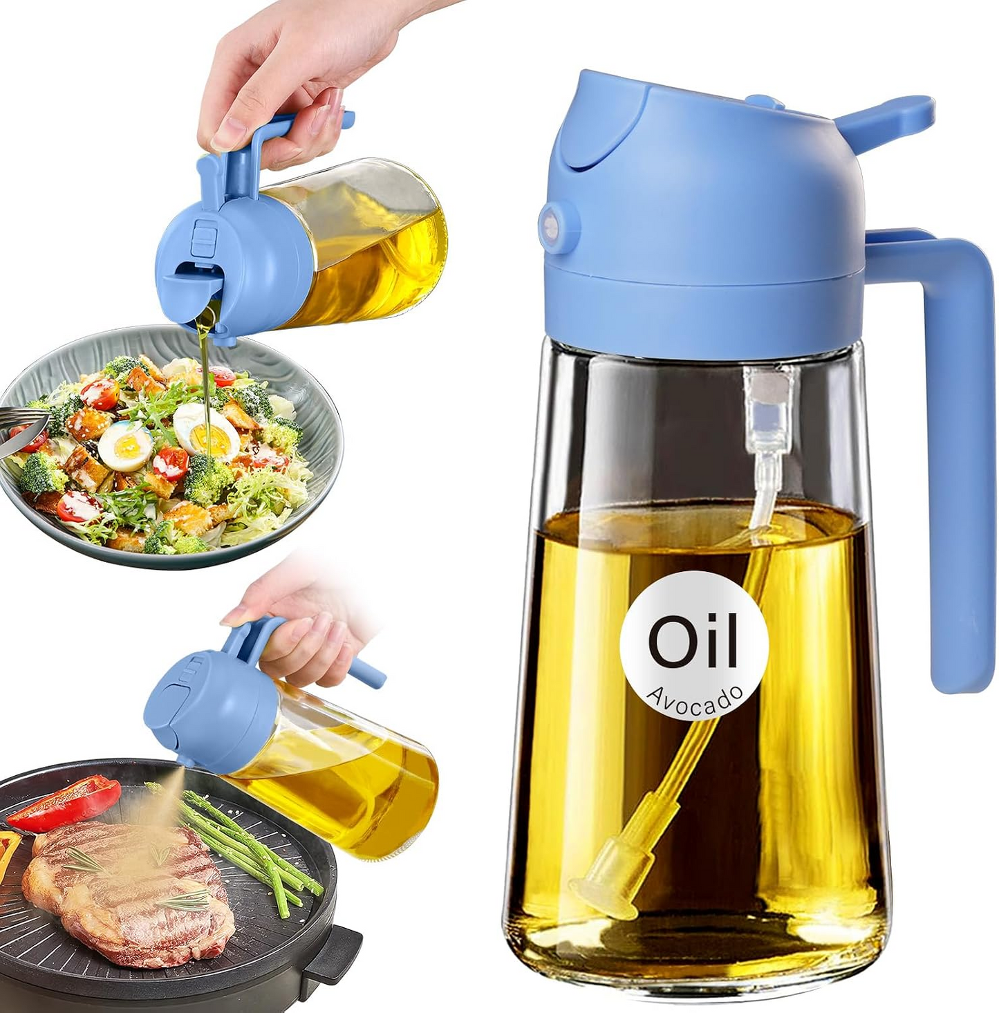 16oz 2-in-1 Glass Olive Oil Sprayer, Refillable Cooking Oil Dispenser for Kitchen & Grilling