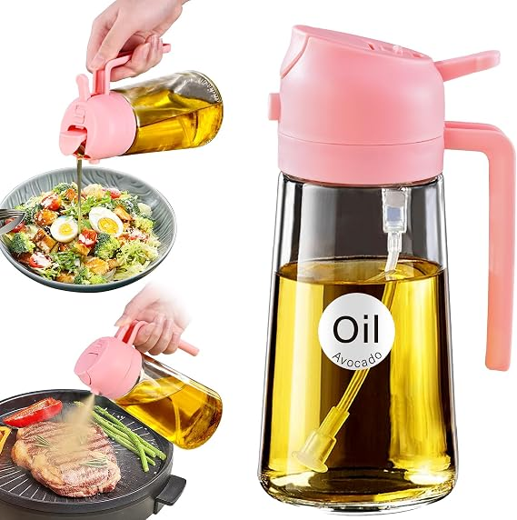 16oz 2-in-1 Glass Olive Oil Sprayer, Refillable Cooking Oil Dispenser for Kitchen & Grilling
