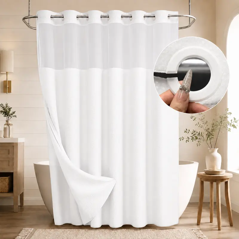 Double-Layer Waffle Shower Curtain with Waterproof Snap-In Liner, Washable White Outer Curtain, 72" x 75"