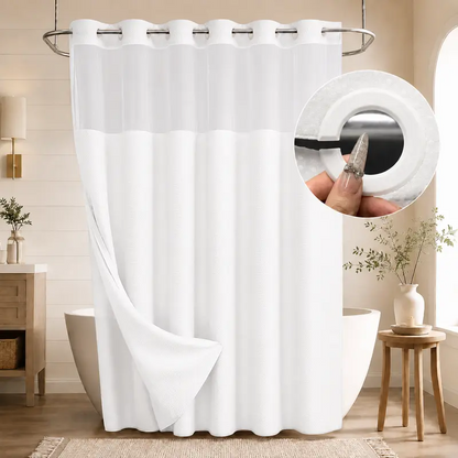 Double-Layer Waffle Shower Curtain with Waterproof Snap-In Liner, Washable White Outer Curtain, 72" x 75"