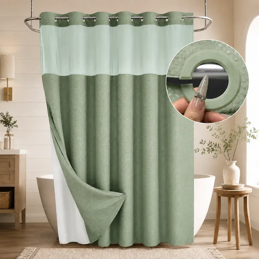Double-Layer Waffle Shower Curtain with Waterproof Snap-In Liner, Washable White Outer Curtain, 72" x 75"