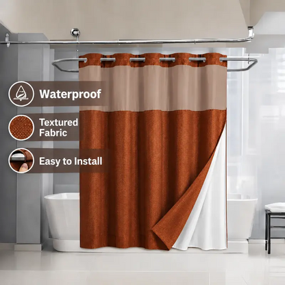 Double-Layer Waffle Shower Curtain with Waterproof Snap-In Liner, Washable White Outer Curtain, 72" x 75"