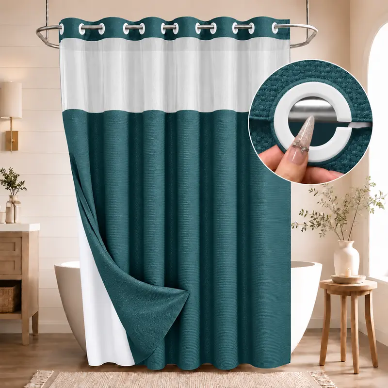 Double-Layer Waffle Shower Curtain with Waterproof Snap-In Liner, Washable White Outer Curtain, 72" x 75"
