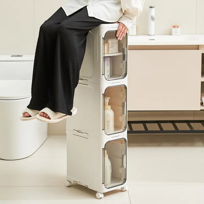 Slim Corner Storage Cabinet with Doors, 1–4 Tier Adjustable Organizer with Wheels for Bathroom, Kitchen & Small Spaces
