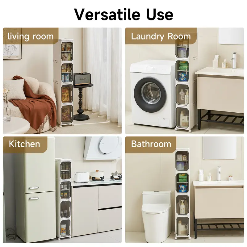 Slim Corner Storage Cabinet with Doors, 1–4 Tier Adjustable Organizer with Wheels for Bathroom, Kitchen & Small Spaces