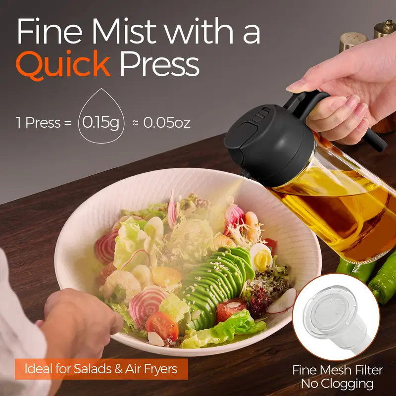 16oz 2-in-1 Glass Olive Oil Sprayer, Refillable Cooking Oil Dispenser for Kitchen & Grilling