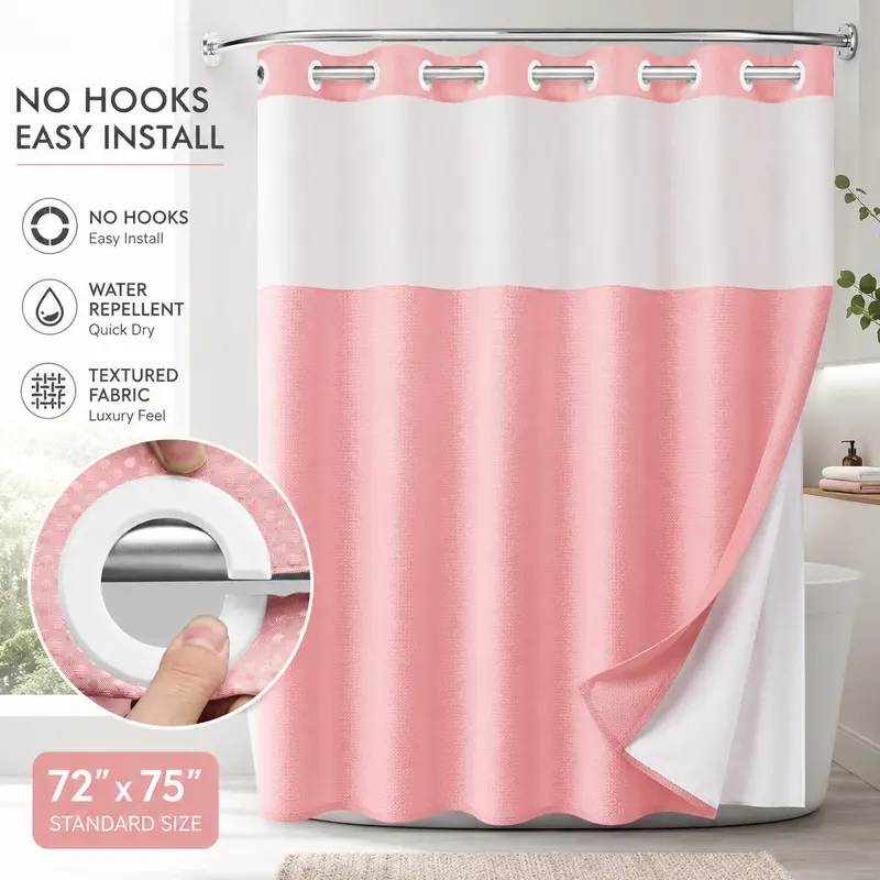 Double-Layer Waffle Shower Curtain with Waterproof Snap-In Liner, Washable White Outer Curtain, 72" x 75"