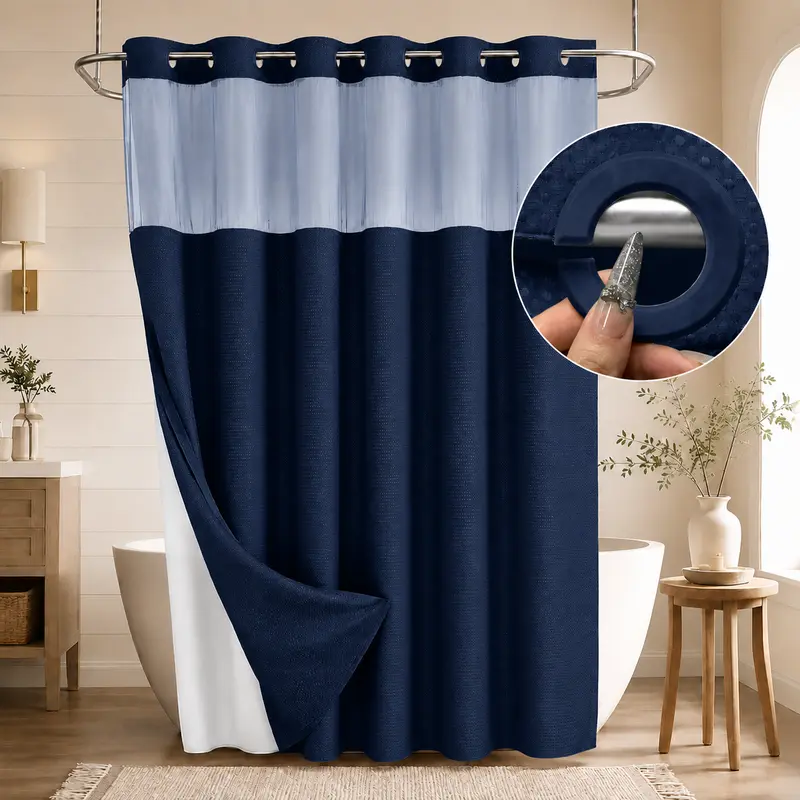 Double-Layer Waffle Shower Curtain with Waterproof Snap-In Liner, Washable White Outer Curtain, 72" x 75"