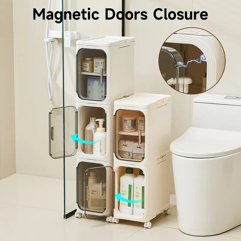 Slim Corner Storage Cabinet with Doors, 1–4 Tier Adjustable Organizer with Wheels for Bathroom, Kitchen & Small Spaces
